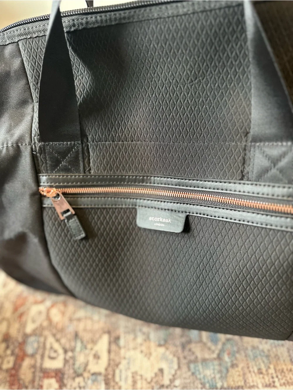 Storksak London Rolling Diaper Bag | Complete Set | Black & Rose Gold